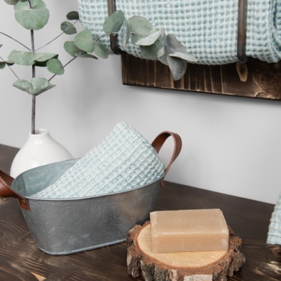 BINGO lin-bomull håndkle blåaktiggrønn-hvitt melert i "vaffel" mønster