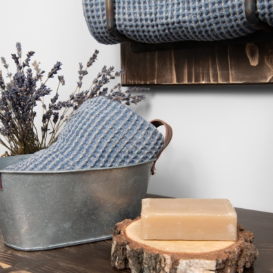 BINGO lin-bomull håndkle beige-blå melert i "vaffel" mønster