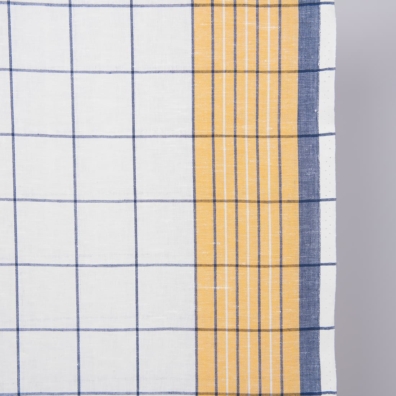 Lin / bomullsstoff hvitt med gule og blå ruter egnet til å sy kjøkkenhåndklær