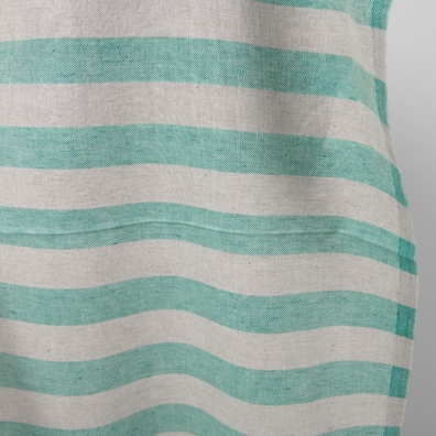 Stripete lin-bomull stoff vevd av hvitt, naturlig farge (ufarget, brungrå) og knallgrønt garn