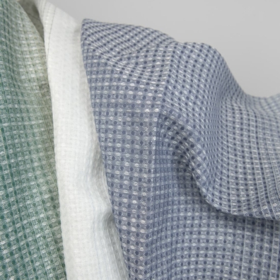 Bomull-hamp stoff blågrønn ”vaffel” 180cm bredt