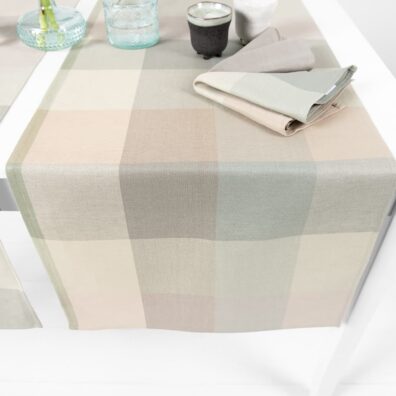 NATA lin-bomull bordløper rutete, vevd av gråbrunt, grått, beige, grønnaktig, bleket kakao farget, aldringsgrønt, gulbrunt og lysegrågrønt garn