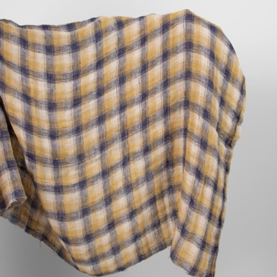 Linstoff med blå ruter tosidig vasket