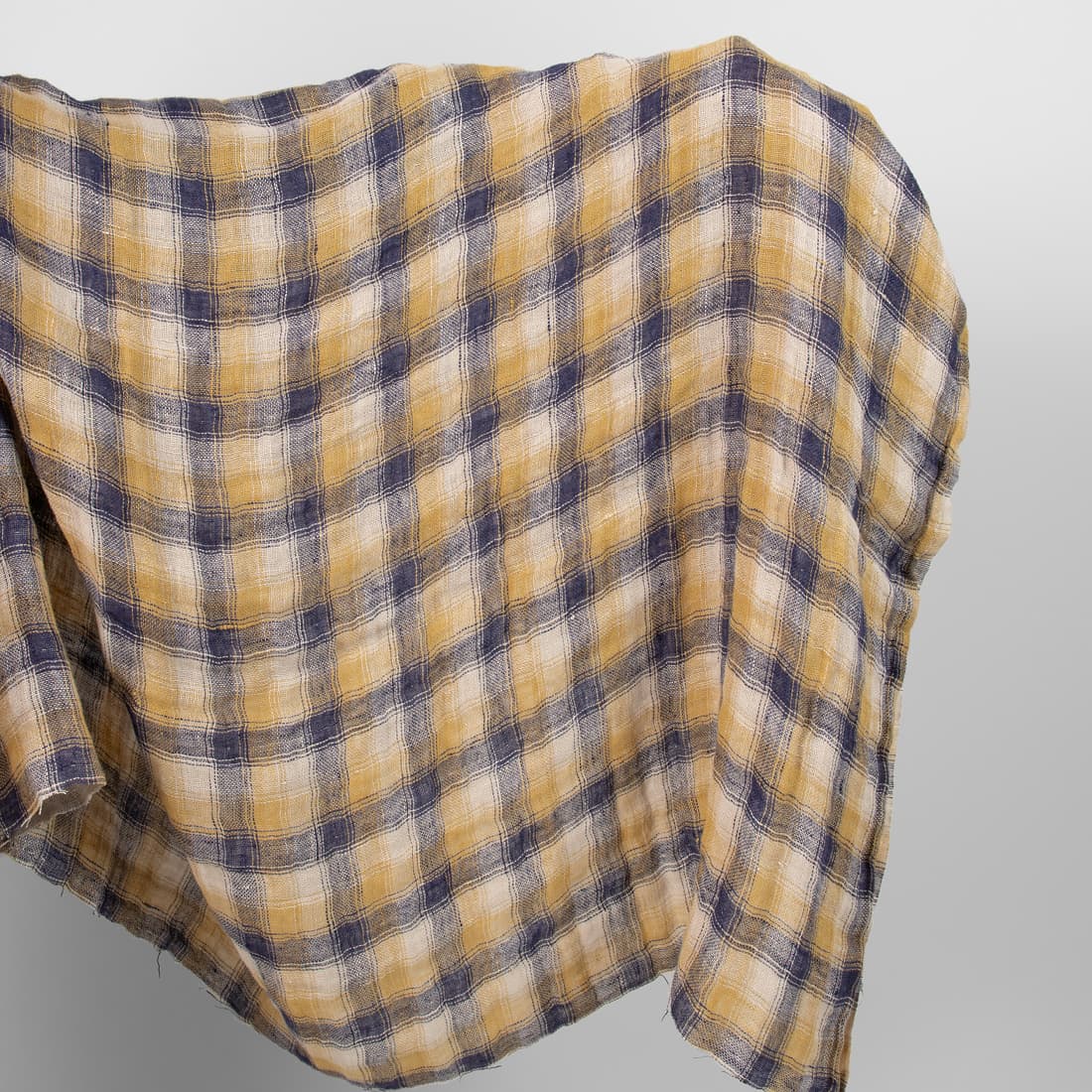 Linstoff med blå ruter tosidig vasket