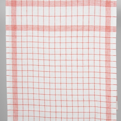 Hvitt håndkle linstoff med røde ruter