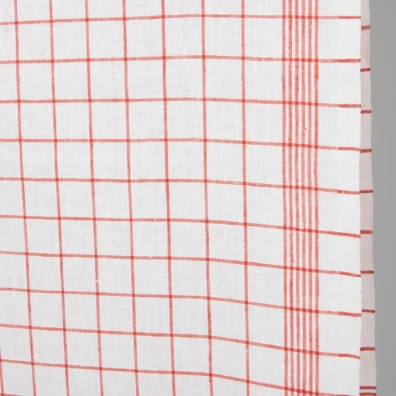 Knallhvitt håndkle linstoff med flammerødte ruter