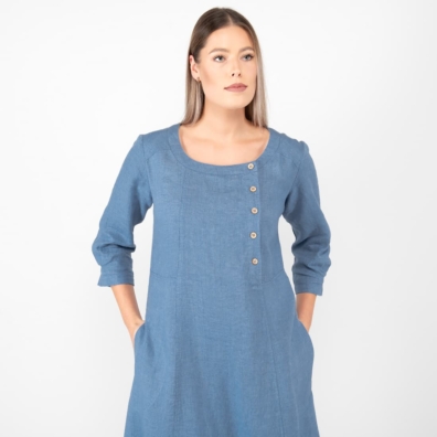 Blå lin kjole med rund halsutringning