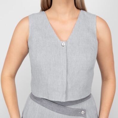 Grå linvest med skjult knappelukking, dekorativ knapp