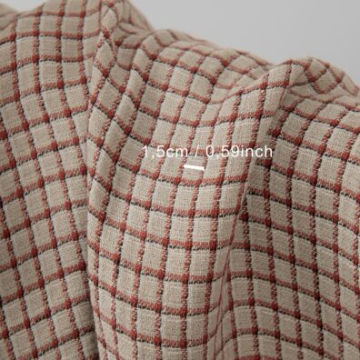 Linstoff naturgrå-rød rutete vasket, til å sy klær, hjemmetekstiler