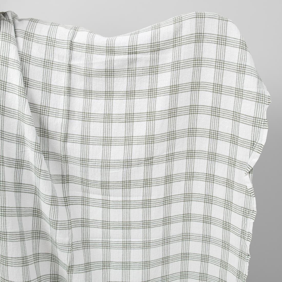 Lin-bomullsstoff knallhvitt-grønngrå rutete vaffel vasket