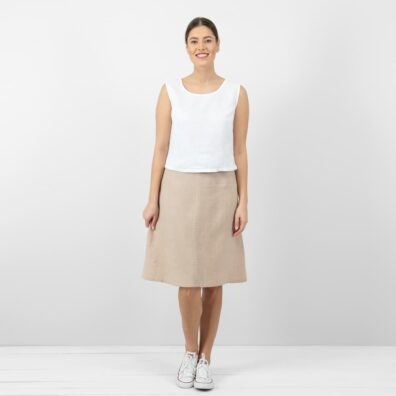 Melange linskjørt, stoff vevd av garn i bleket kakao og bleket kaffe (brunaktig) farge