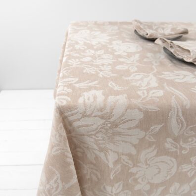 Halvlin brun duk blomstrete jacquard