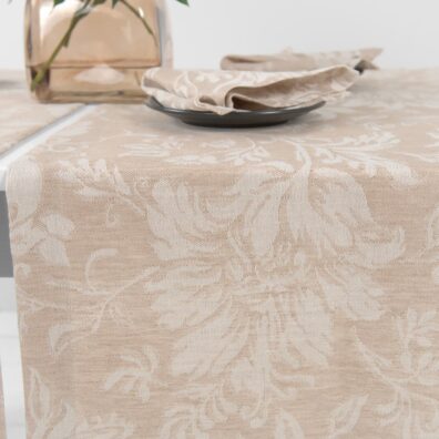 Halvlin brun bordløper blomstrete jacquard