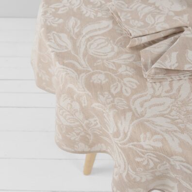 Lin-bomull brun rund (oval) duk med blomster