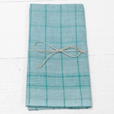 Blå lin kjøkkenhåndkle med grønne ruter 50x70cm