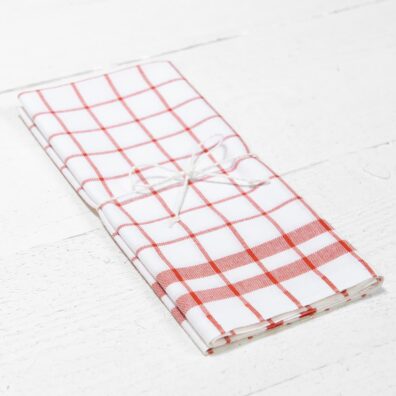 Kjøkken håndklær sett hvitt-rødt rutete, 100% bomull