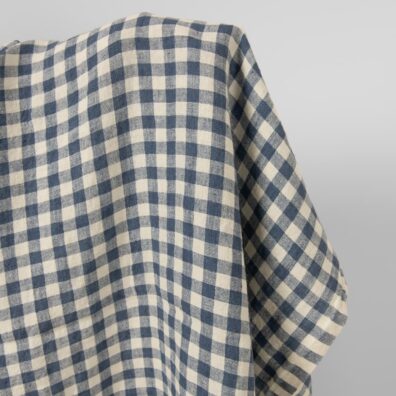 Linstoff denimblå-gulaktig rutete bredt vasket