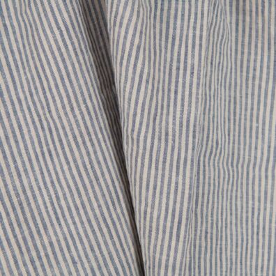 Linstoff med brunaktige og blågrå striper vasket 145cm bredt