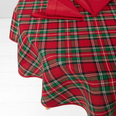 Rund (oval) rutete halvlin duk, rød-grønn