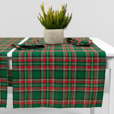 Grønn-rød rutete lin-bomull bordløper