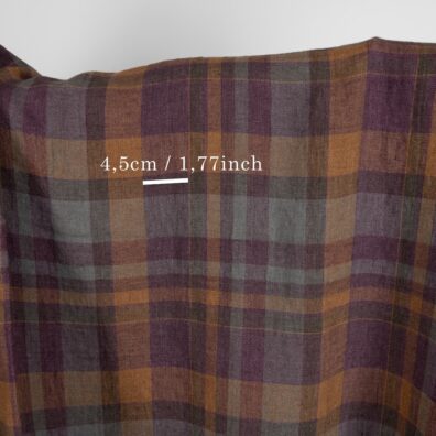 Linstoff flerfarget rutete vasket, vevd av rødbrunt, mørkt turkis, brunt og mørkegrått garn