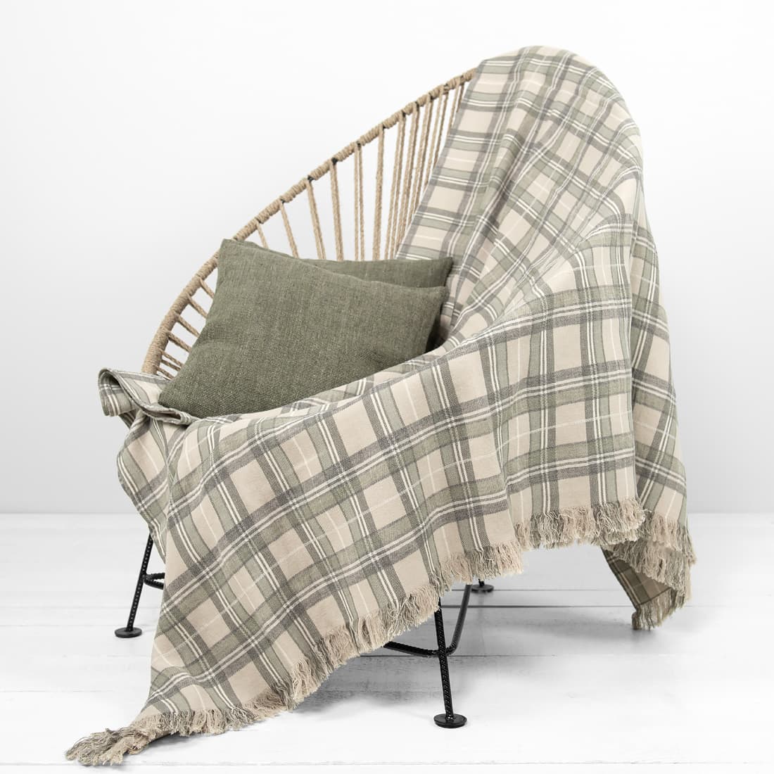 Lin-bomull pledd beige rutete