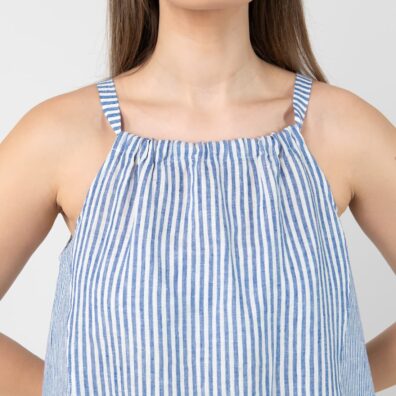 CARMEN blå stripete linkjole med skulderstropper med bånd bak