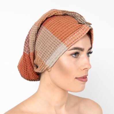 BINGO halvlin hårhåndkle brun rutete