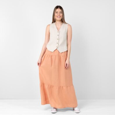 NELY pudderbrunt linskjørt og beige linvest