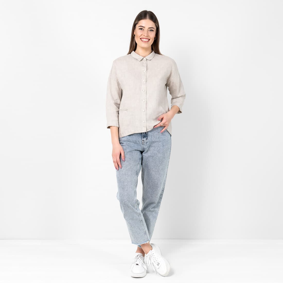 Linbluse naturlig grå-hvitt meliert