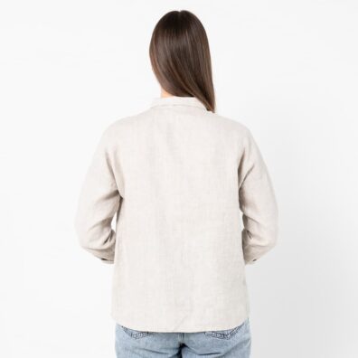 Beige linbluse, skjortebluse, rett silhuett, hoftetilpasset