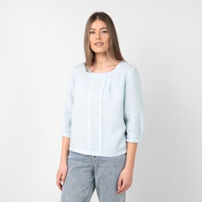 WANDA blåktig linbluse med rund hals