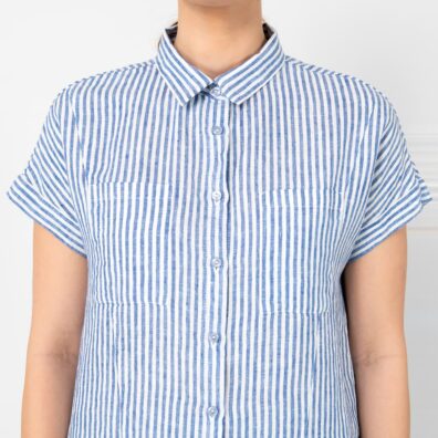 ORSI blå stripete linbluse med korte ermer