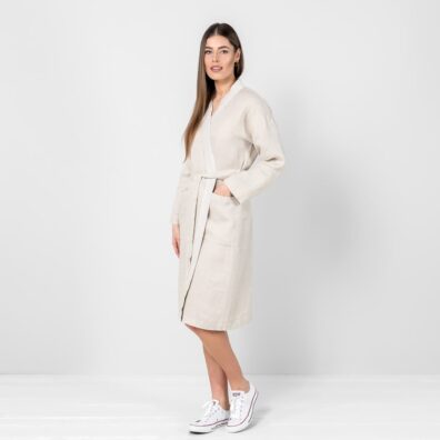 Beige lin morgenkåpe av dobbeltsidig satengstoff