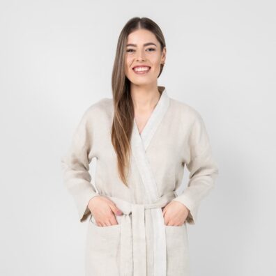 SYDNEY beige lin morgenkåpe med lommer