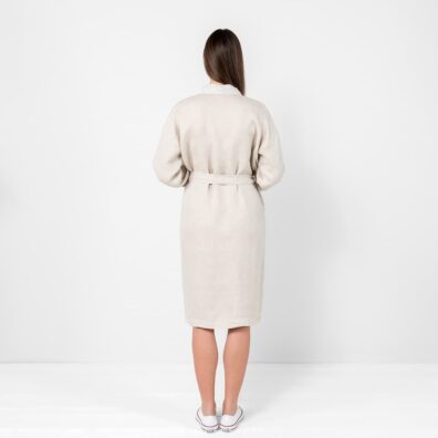 SYDNEY beige lin morgenkåpe uten hette, med belte