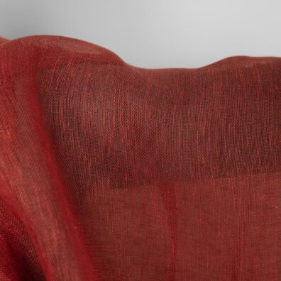 Linstoff gjennomsiktig, vevd flammerødt og brunt garn, melange