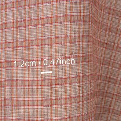 Lett linstoff med ruter, vevd brunoransje, melkehvitt (gulhvitt), brunt og intenst rødt garn