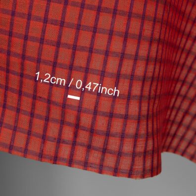 Linstoff i gjennomsiktige ruter, vevd ildrødt og rødfiolett garn