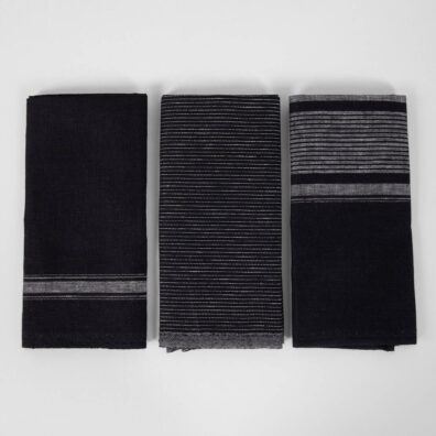 Kjøkken håndklær sett av linstoff svart med hvite striper
