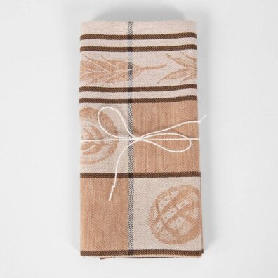 Halvlin kjøkkenhåndkle brun jacquard, brød mønster