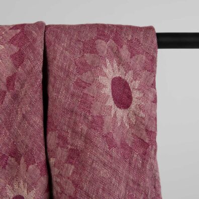 Lin skjerf rødt - beige, jacquard med blomster