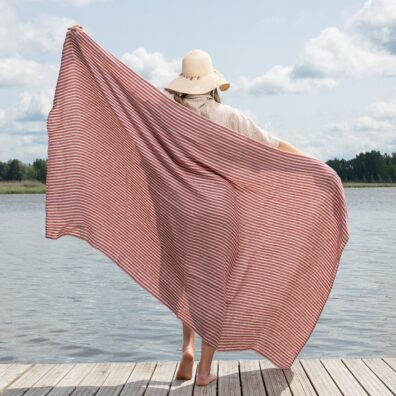 CUBA lin strandhåndkle rød-mørkeblå-beige stripete, av spesielt vasket, mykt, skånsomt stoff