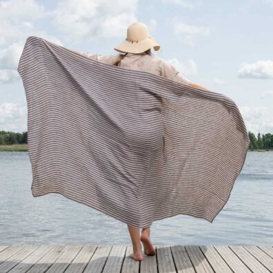 CUBA lin strandhåndkle lilla-mørkeblå-beige stripete, av spesielt vasket, mykt, skånsomt stoff