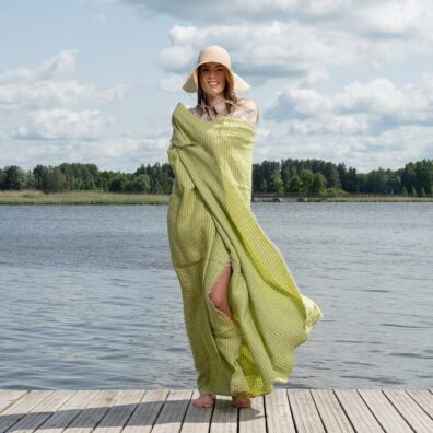 KORFU lin strandhåndkle grønn rutete