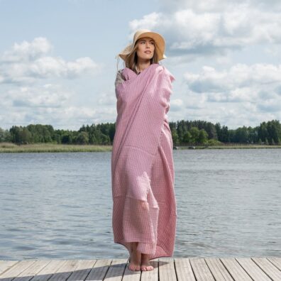 KORFU lin strandhåndkle lilla rutete