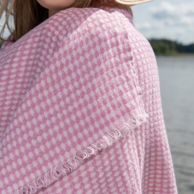 KORFU lin strandhåndkle lilla-askegrått rutete, med frynser