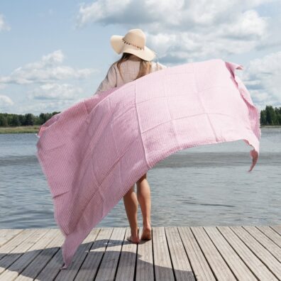KORFU lin strandhåndkle lilla-askegrått rutete, av spesielt vasket, mykt, skånsomt stoff