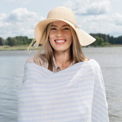 AMALFI lin strandhåndkle blåktiggrå-gulhvitt stripete