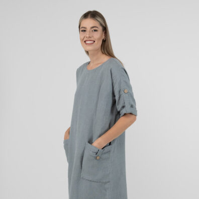 Blågrå linkjole lang, løs silhuett, oversize-modell